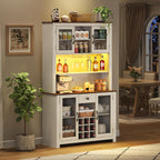 71" Tall Kitchen Pantry Cabinet with Charging Station 47" Wide Countertop Kitchen Hutch Cabinets with LED Light, Large Pantry Storage Cabinet with Shelves and Wine Rack, White