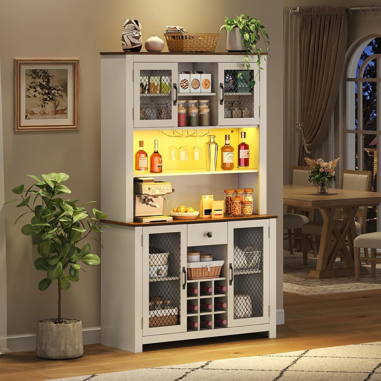 71" Tall Kitchen Pantry Cabinet with Charging Station 47" Wide Countertop Kitchen Hutch Cabinets with LED Light, Large Pantry Storage Cabinet with Shelves and Wine Rack, White