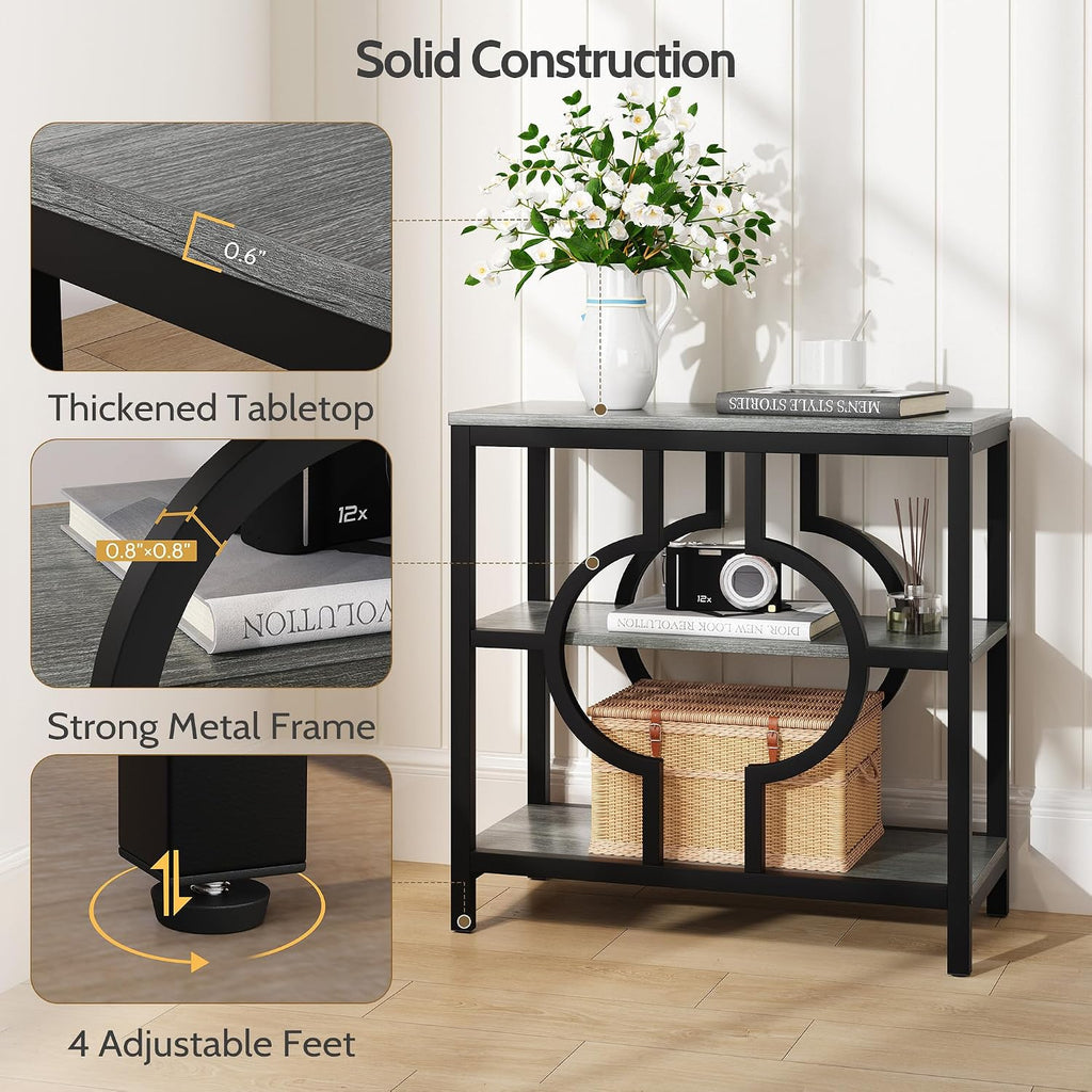 End Table, Narrow Side Table with 3-Tier Storage Shelves, Wood Sofa Side Table with Geometric Metal Frame for Living Room, Industrial Bedside Nightstand for Bedroom (1, Gray)