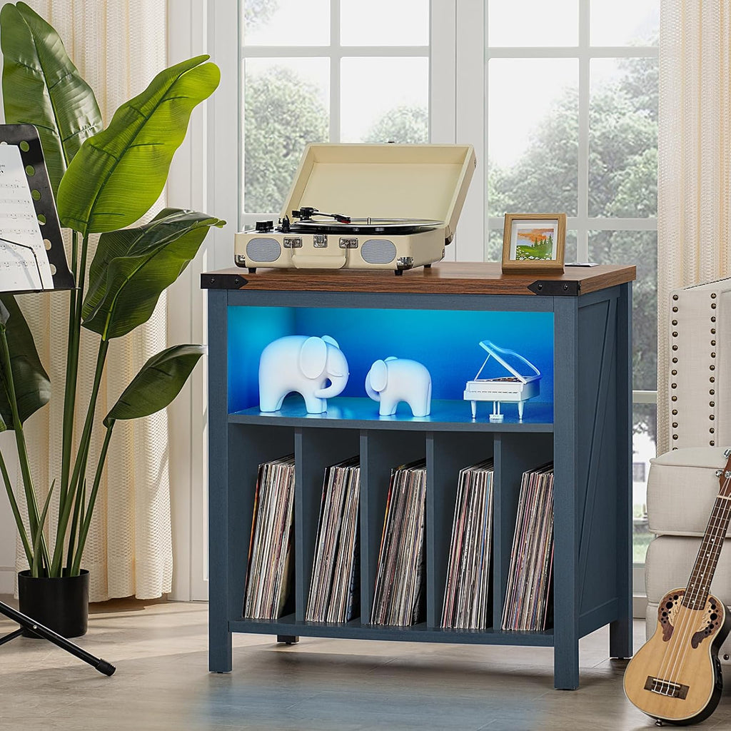 Joaxswe Large Record Player Table with Charging Station & LED Lights, Blue Vinyl Record Storage Cabinet Holds up to 230 Albums, Turntable Stand with Display Shelf for Music Room Bedroom Living Room