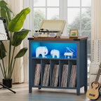 Joaxswe Large Record Player Table with Charging Station & LED Lights, Blue Vinyl Record Storage Cabinet Holds up to 230 Albums, Turntable Stand with Display Shelf for Music Room Bedroom Living Room