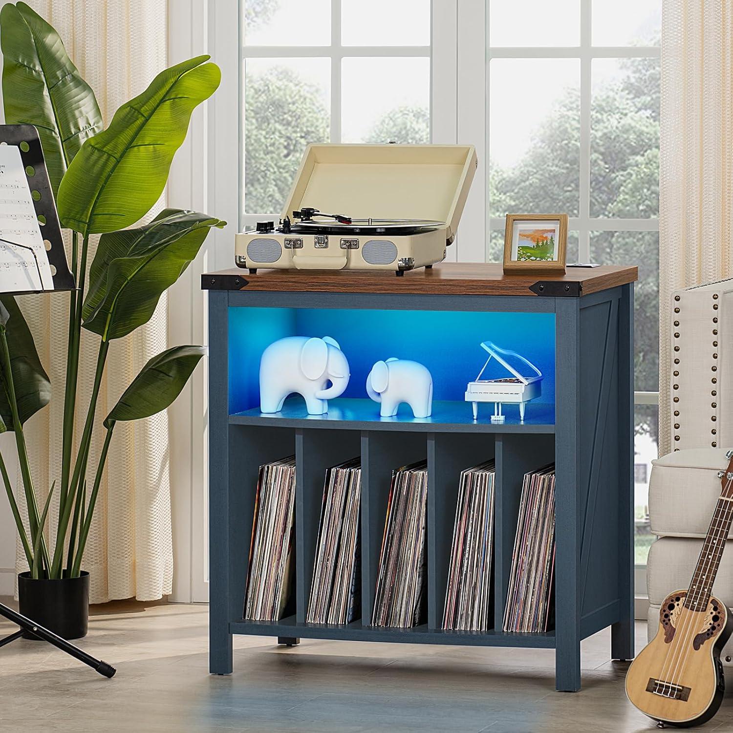 Joaxswe Large Record Player Table with Charging Station & LED Lights, Blue Vinyl Record Storage Cabinet Holds up to 230 Albums, Turntable Stand with Display Shelf for Music Room Bedroom Living Room