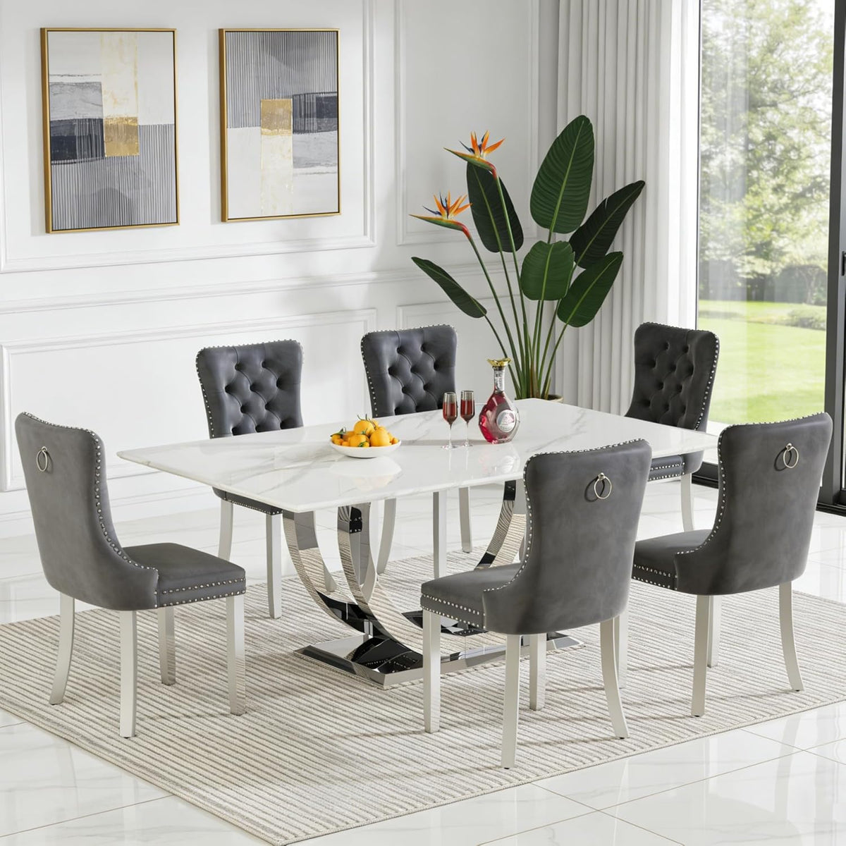 69.3" White Marble Dining Table for 6-8, Luxury Rectangular Kitchen Table with Silver Double U-Shape Stainless Steel Base, Modern Large Faux Marble Dining Room Table for Kitchen Living Room