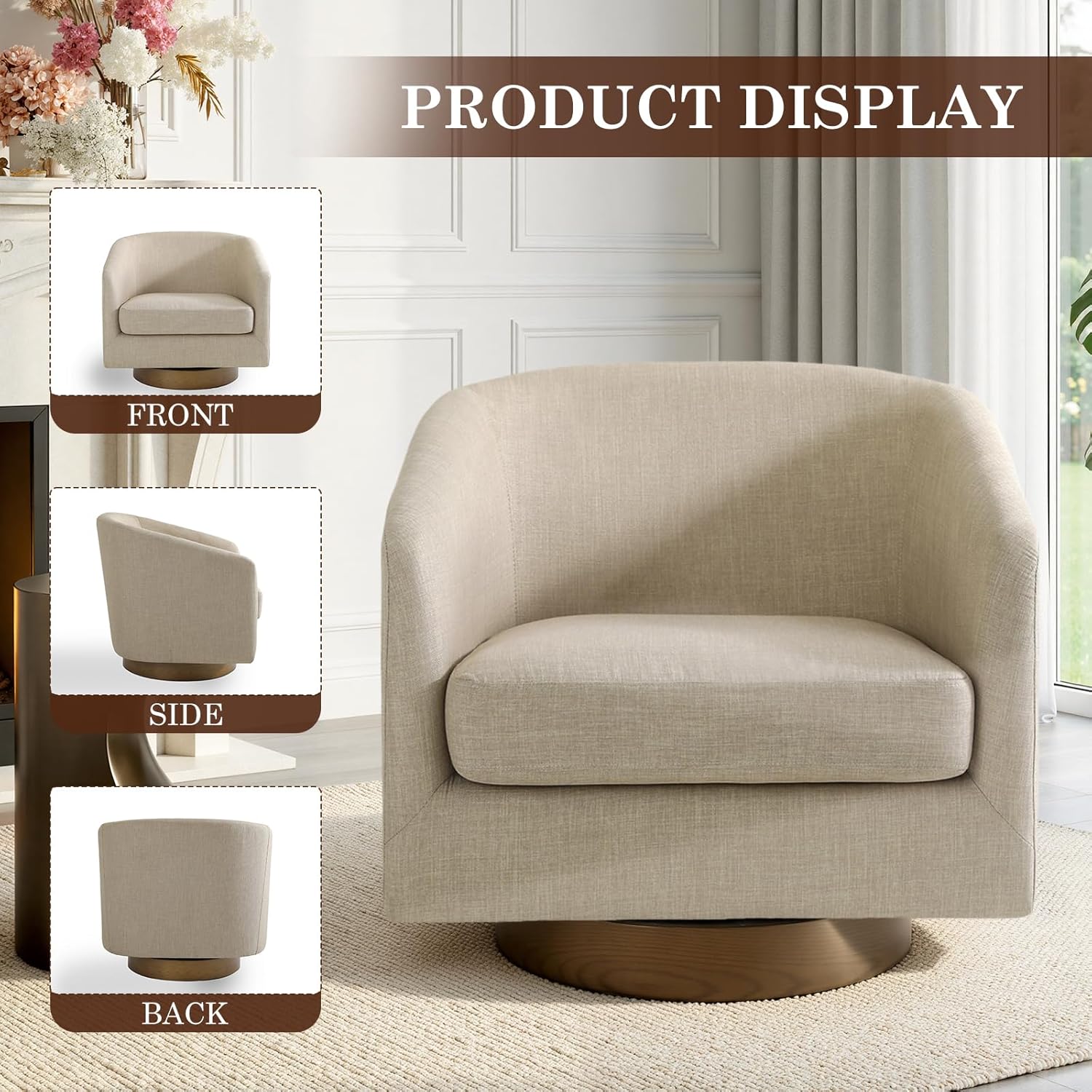 Swivel Barrel Accent Chairs Set of 2, Fabric Upholstered Armchair for Living Room, Comfy Bedroom Reading Seat, Light Brown