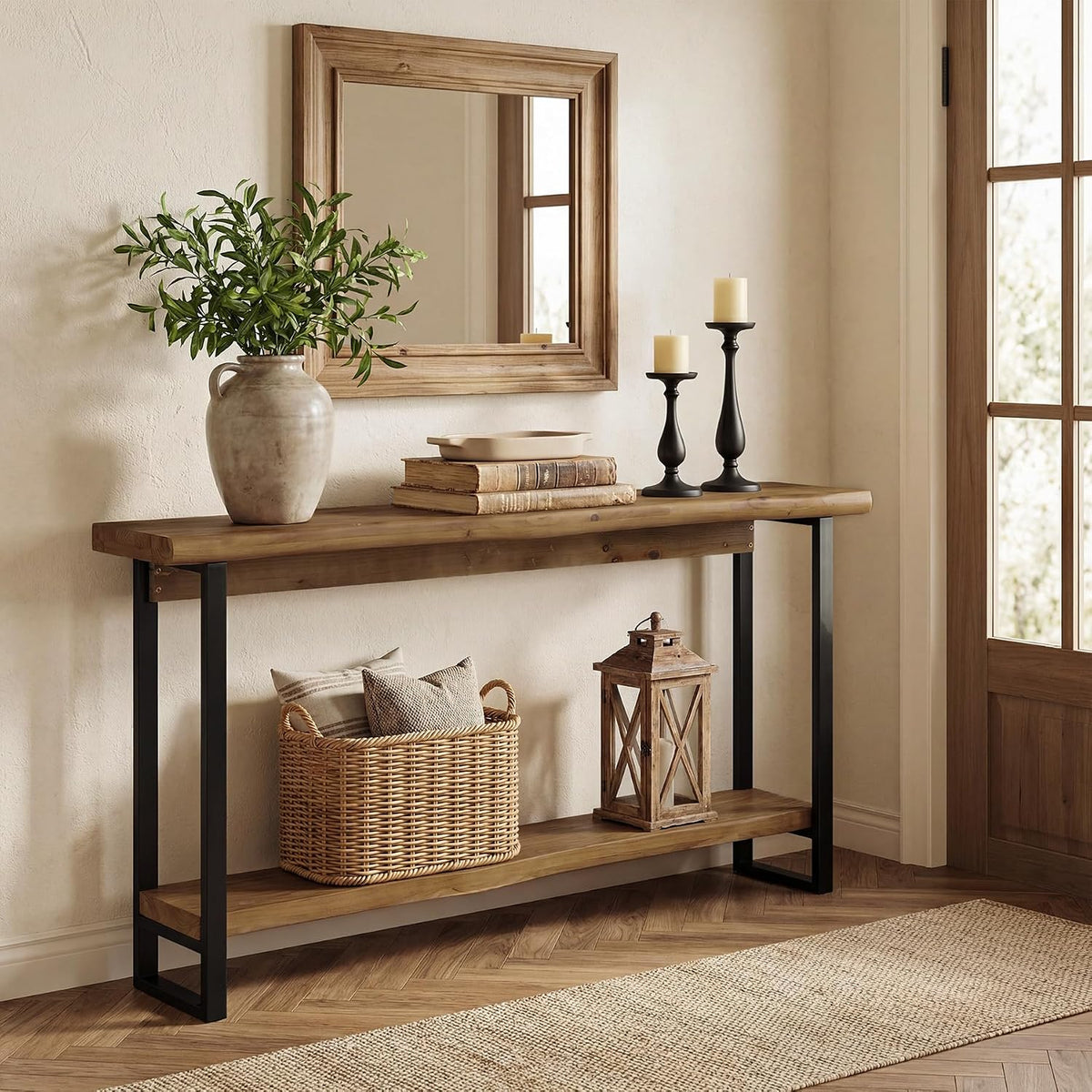 Solid Wood Live-Edge Console Table for Entryway, Farmhouse 63-Inch Narrow Long Sofa Table Behind Couch with Unique Shape, Heavy-Duty Metal Legs, Ideal for Foyer, Entrance, Living Room