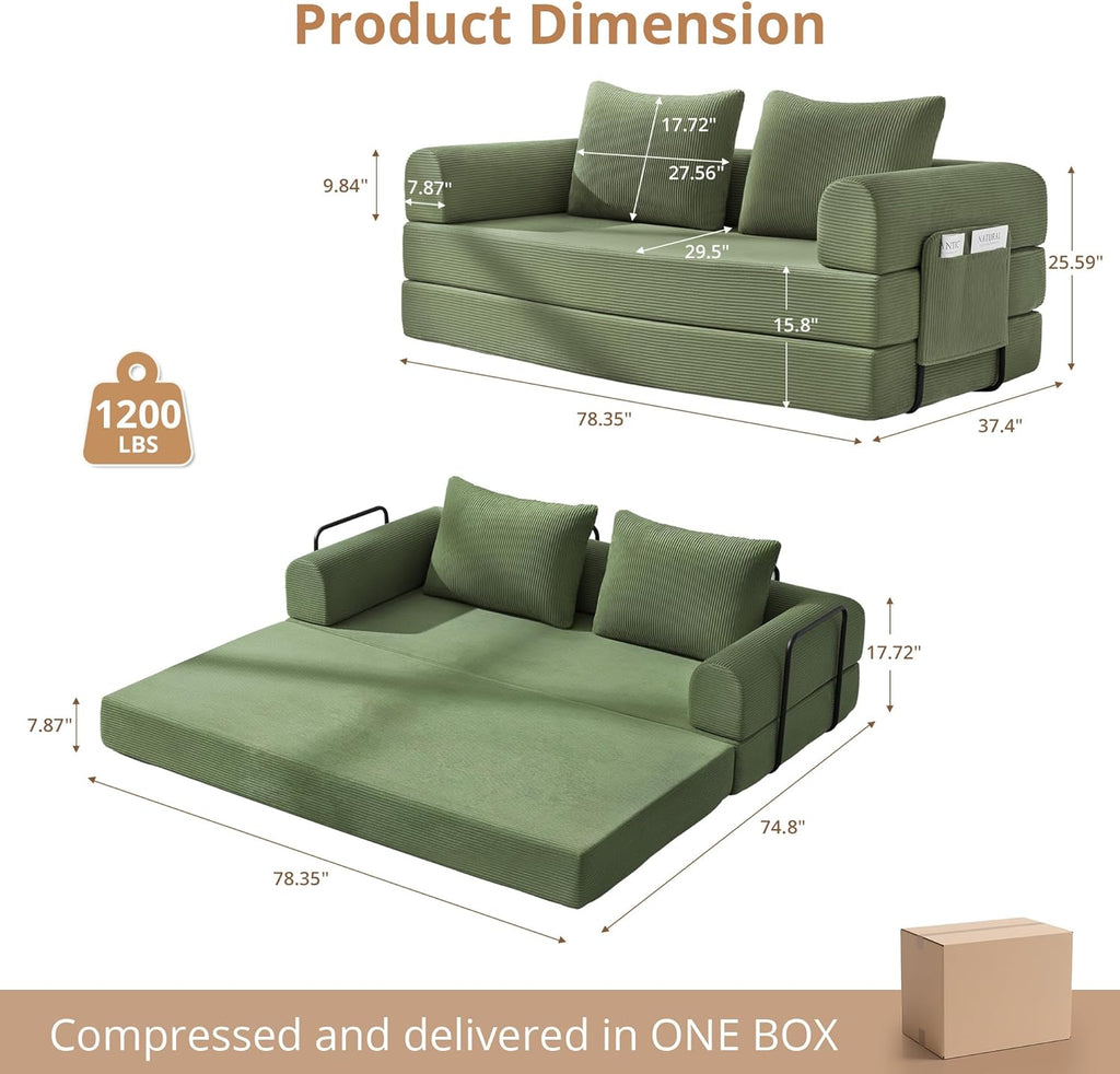 4-in-1 Folding Convertible Sofa Bed, 78 Inch Oversized Corduroy Loveseat Sleeper with Pull Out Bed, Futon Couch for Living Room Bedroom, No Assembly Needed, Olive Green