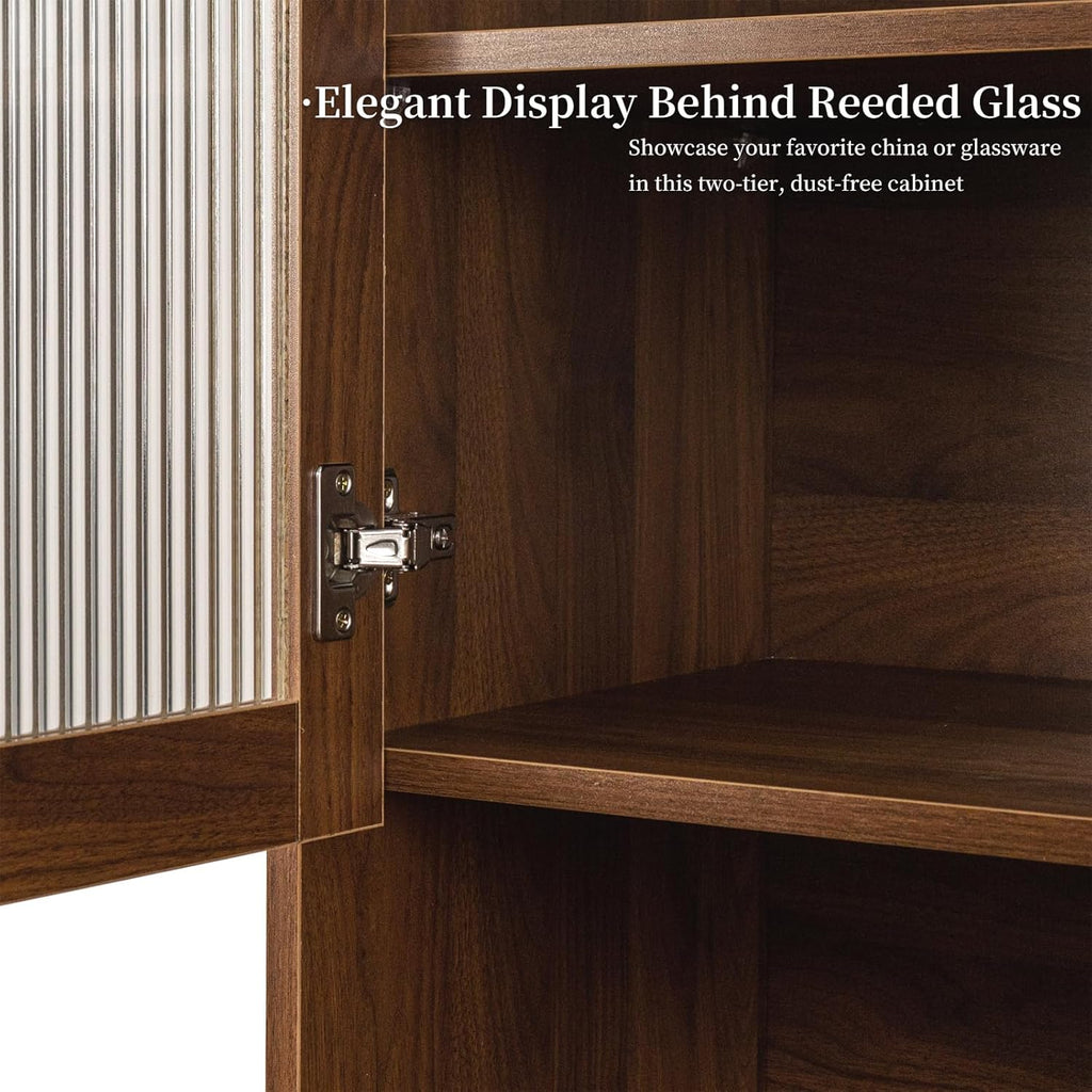 Tall Kitchen Hutch Cabinet with Pull-out Shelves, Storage Drawers, Glass Doors Freestanding Cable Management Pantry Large Kitchen Cupboard for Dining Room with Microwave Countertop Walnut Finish