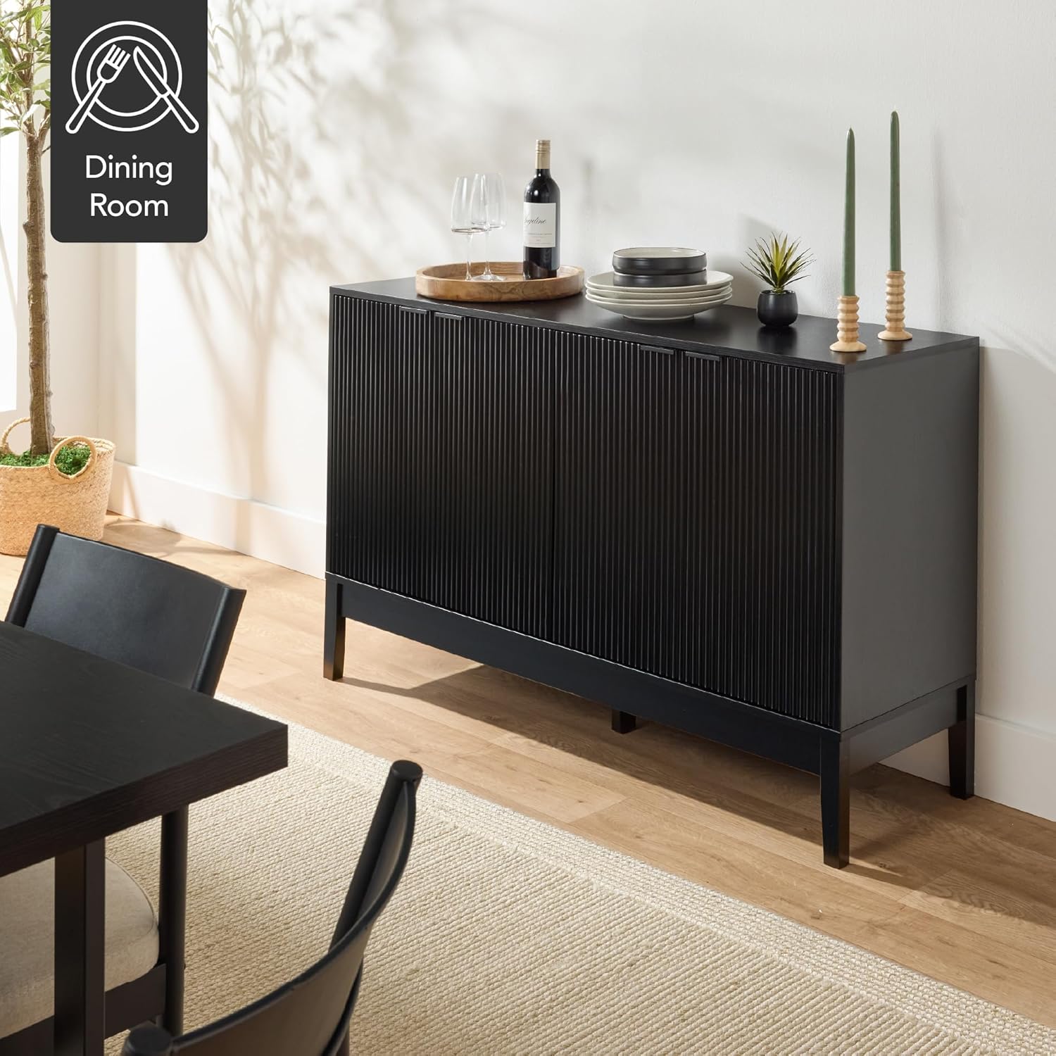 Best Choice Products 55" Modern 4-Door Sideboard Storage Cabinet, Buffet, Media Cabinet, Cupboard, Entryway Accent Table, Bookcase w/Reed Panels and Adjustable Shelves - Black