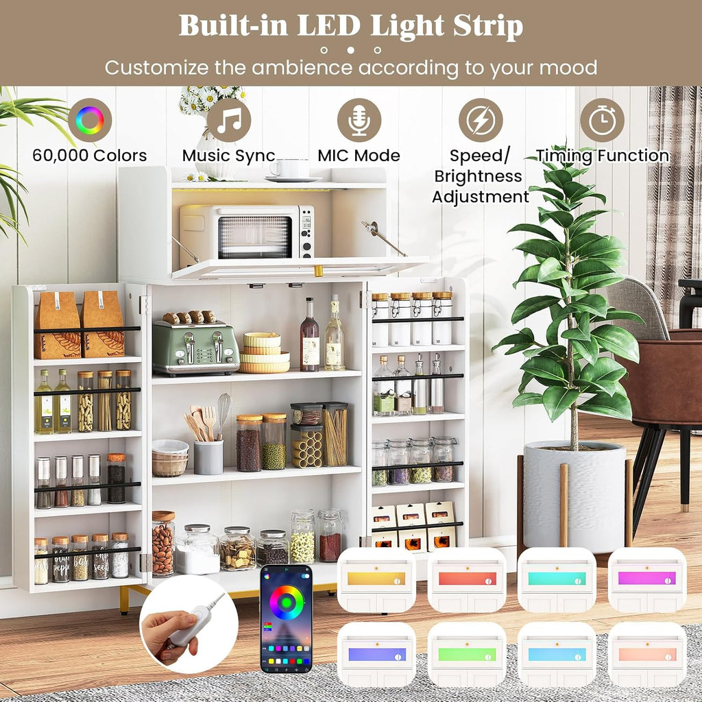 LOKO Kitchen Pantry Cabinet, Freestanding Food Storage Cupboard with Power Outlet & APP Control LED Lights, Modern Buffet Sideboard with Acrylic Flip Door & Shelves for Dining Room, White and Gold
