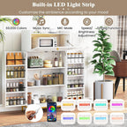 LOKO Kitchen Pantry Cabinet, Freestanding Food Storage Cupboard with Power Outlet & APP Control LED Lights, Modern Buffet Sideboard with Acrylic Flip Door & Shelves for Dining Room, White and Gold