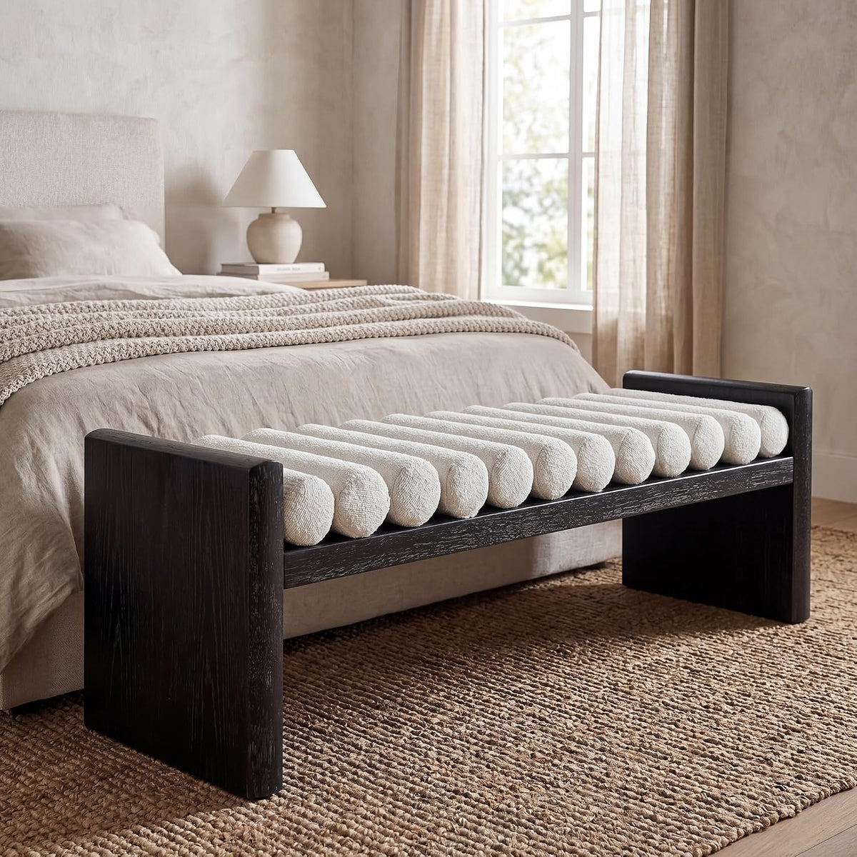 Virubi 62.8" Modern Chenille Upholstered End Bed Bench with Rolled Cushions, Rubberwood Frame Ottoman Bench, Oversized Entryway Shoe Bench for Bedroom Living Room Dining (Black, 62.8")