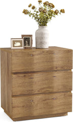 LITTLE TREE End Table with 3 Drawers, Fluted Nightstand, Farmhouse Bedside Table, Wood Nightstand, Small Bedroom Dresser, Rustic Wood End Table with Storage for Living Room, Bedroom, Closet, Natural