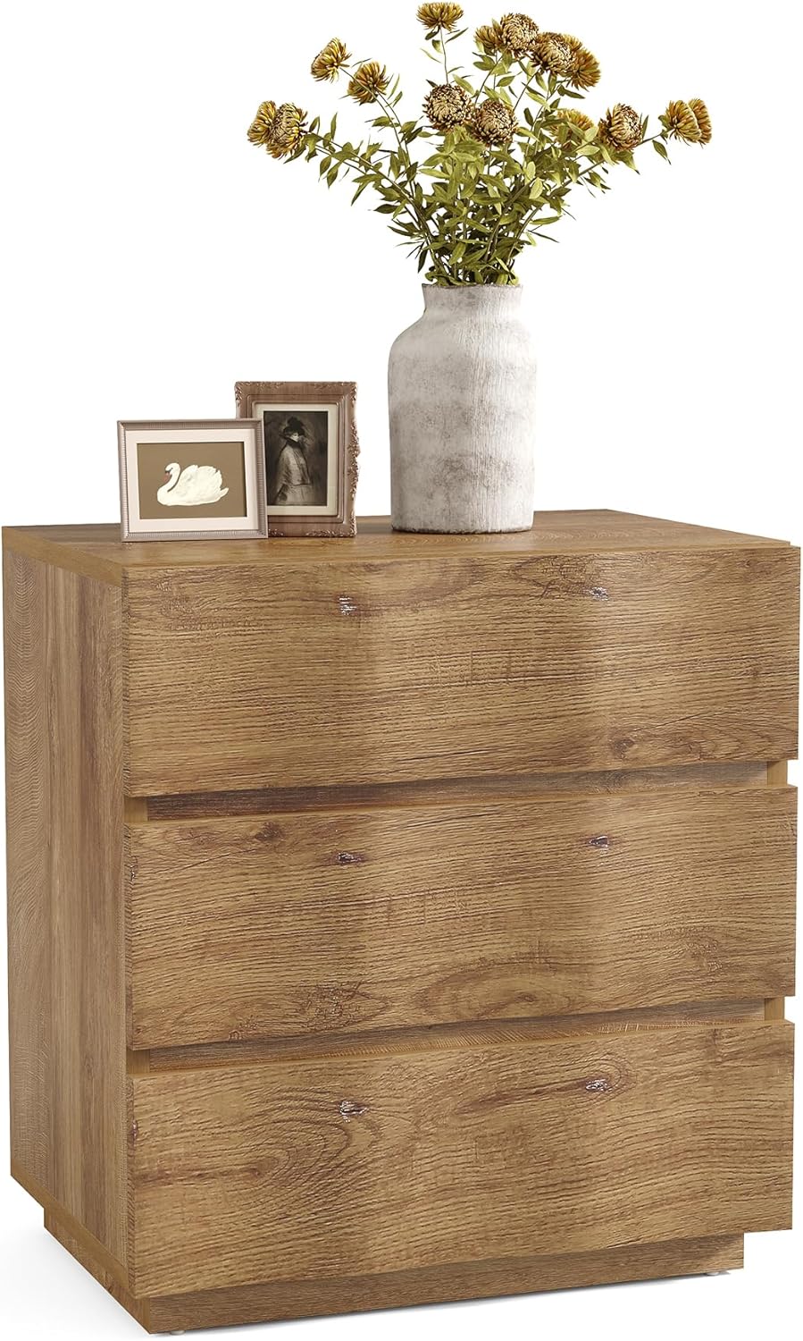 LITTLE TREE End Table with 3 Drawers, Fluted Nightstand, Farmhouse Bedside Table, Wood Nightstand, Small Bedroom Dresser, Rustic Wood End Table with Storage for Living Room, Bedroom, Closet, Natural