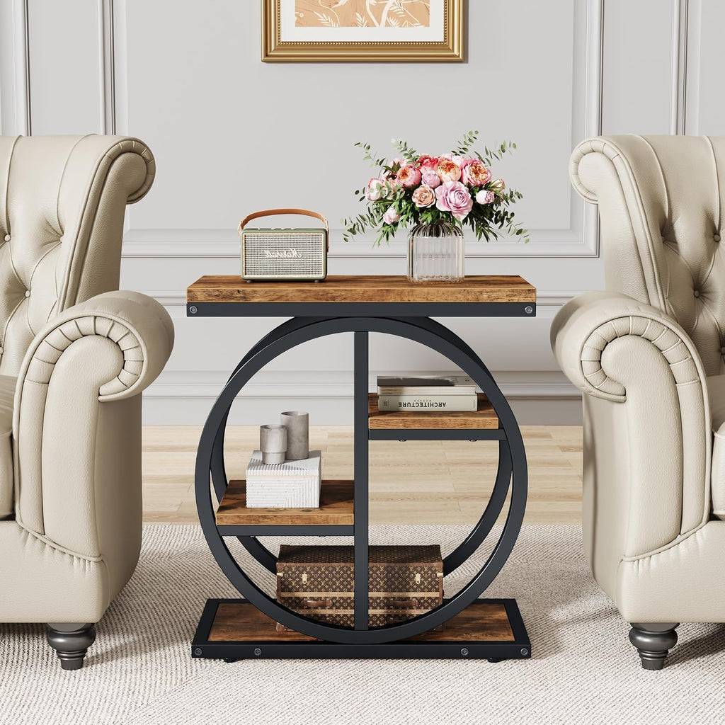End Tables for Living Room, 4-Tier Narrow Side Table with Storage Space, Wood Slim Sofa Side Table with Geometric Metal Frame, Industrial Skinny Nightstand and Bedside Table, Rustic Brown