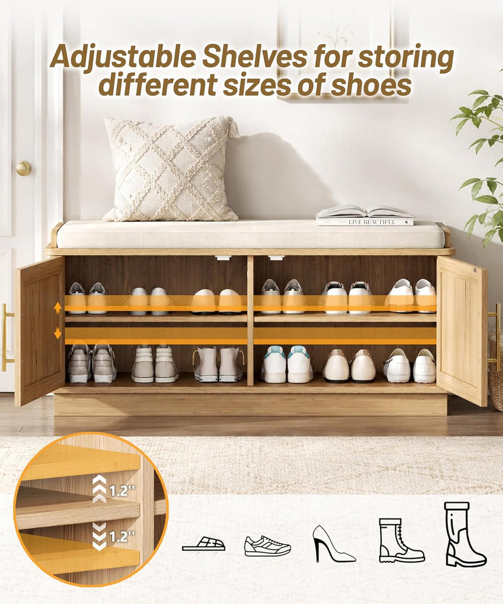 Akxomel 39.4" Fluted Shoe Storage Bench 2 Doors Wooden Entryway Bench Oak | 2 Tier Shoe Bench with Padded Cushion, Adjustable Shelves and 2 Doors, Curved Profile, for Hallway, Living Room, Bedroom
