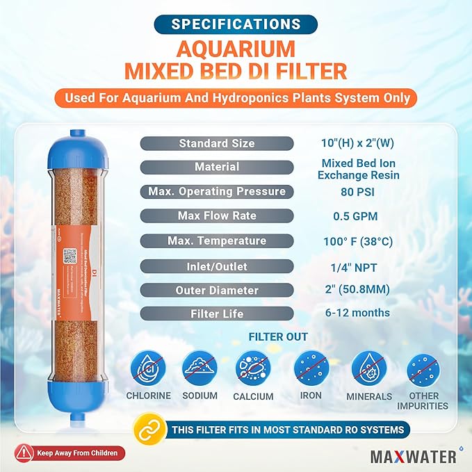 (2 Pack) Mixed Bed Ion Exchange Aquarium Filter Resin 0 PPM RO DI Refillable Housing w/Clamps & Fittings, Compatible with 10" Reverse Osmosis Water Filtration Systems, for High TDS in Water