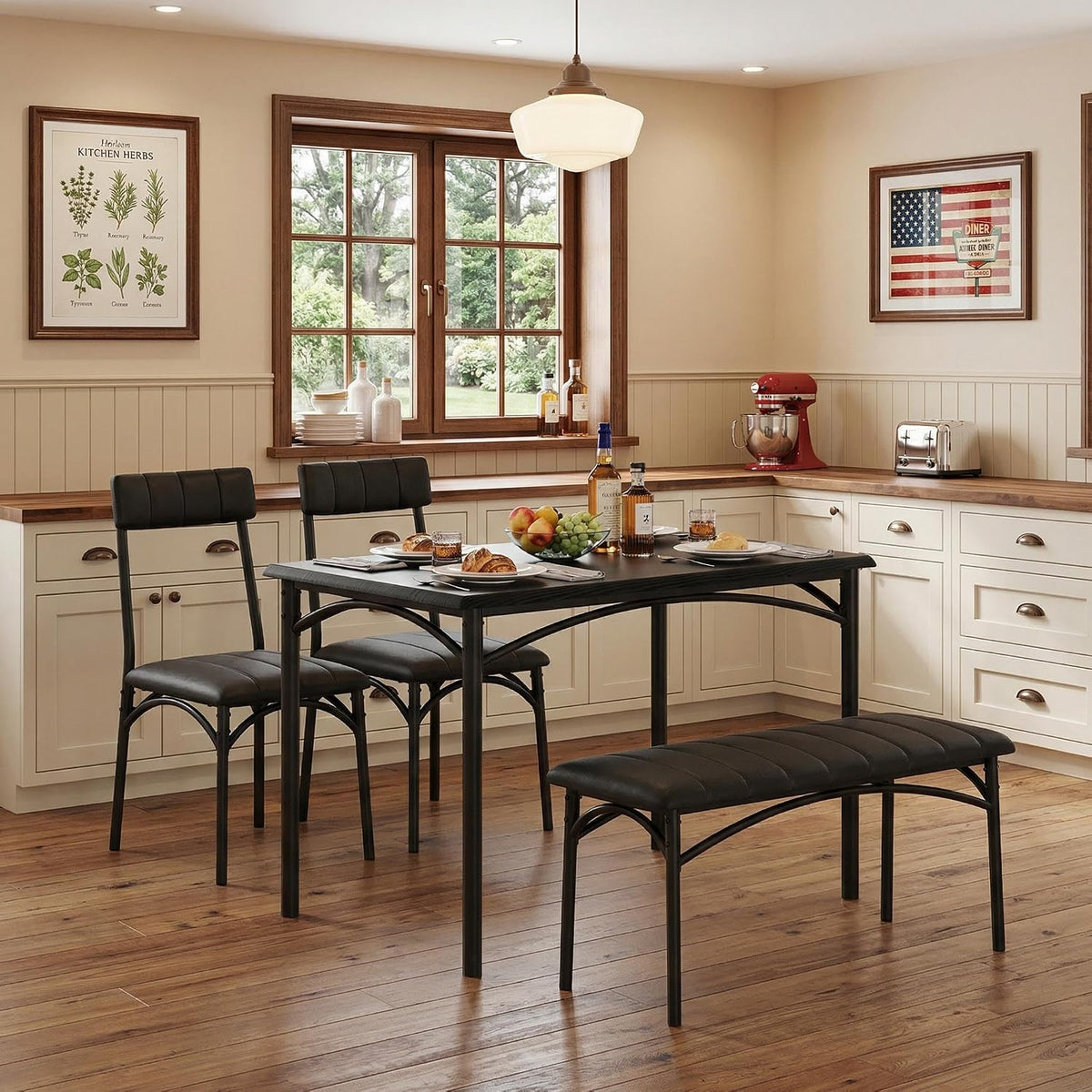 GarveeHome Dining Table Set for 4, Kitchen Table with Upholstered Chairs and Bench, Wood Rectangular Dining Table and Chairs Set for Small Space, Apartment, Dinner, Rustic Black