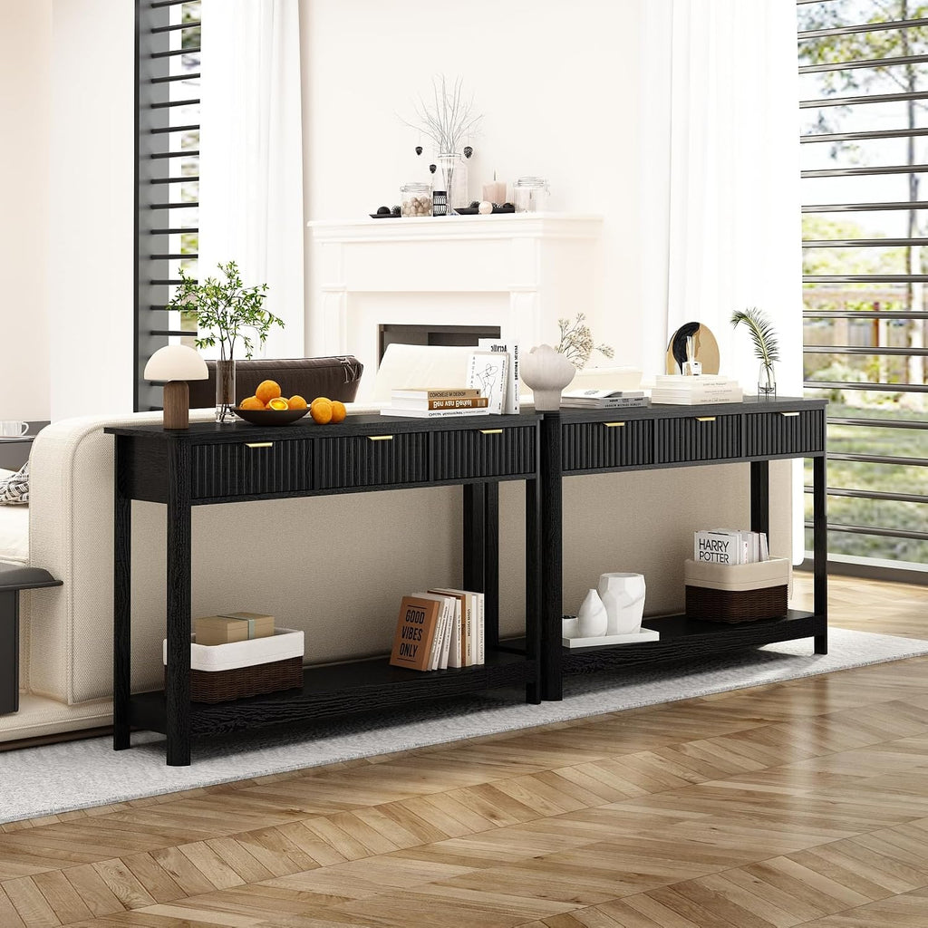 RUSTOWN Fluted Wood Console Table with 3 Drawers, Boho Narrow Behind Couch Entryway Table with Open Storage Shelf, Modern Sofa Table for Living Room, Foyer and Hallway (Black)