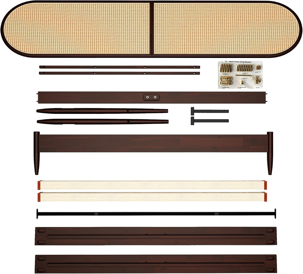 Queen Size Solid Wood Bed Frame, Rattan Boho Headboard, Dark Walnut