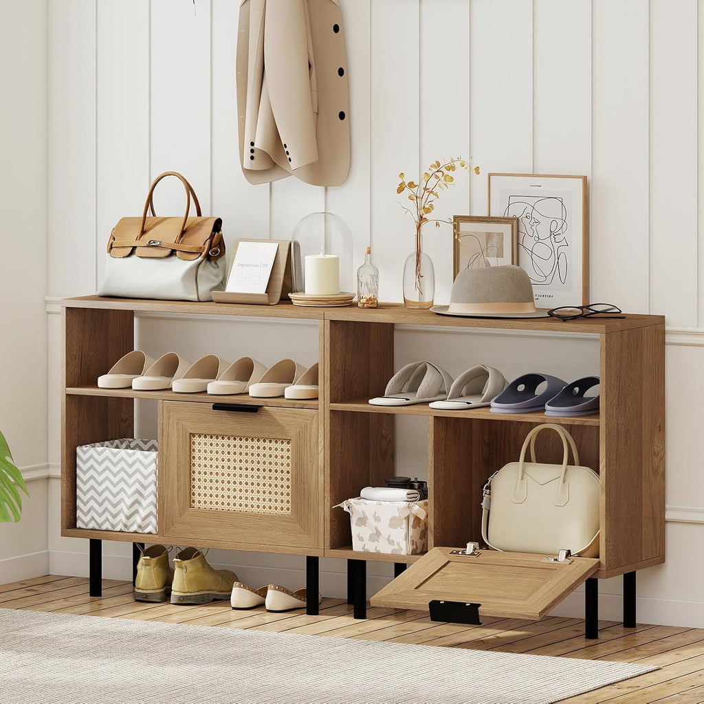 Giantex Rattan End Table with Cabinet, Boho Nightstand with Storage Shelves, Narrow Side Table for Small Space, Rustic Wooden Bedside Tables for Bedroom, Living Room, Entryway