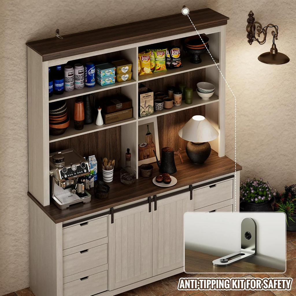 Sweet Memory 78.8" H Farmhouse Kitchen Hutch Cabinet with 3-Tier Open Shelves, Storage Pantry Cabinet with Wide Countertop, 6 Drawers and Barn Door Buffet Pantry with Storage for Dining/Living Room