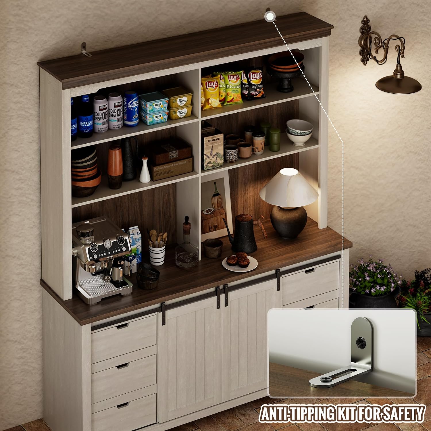 Sweet Memory 78.8" H Farmhouse Kitchen Hutch Cabinet with 3-Tier Open Shelves, Storage Pantry Cabinet with Wide Countertop, 6 Drawers and Barn Door Buffet Pantry with Storage for Dining/Living Room
