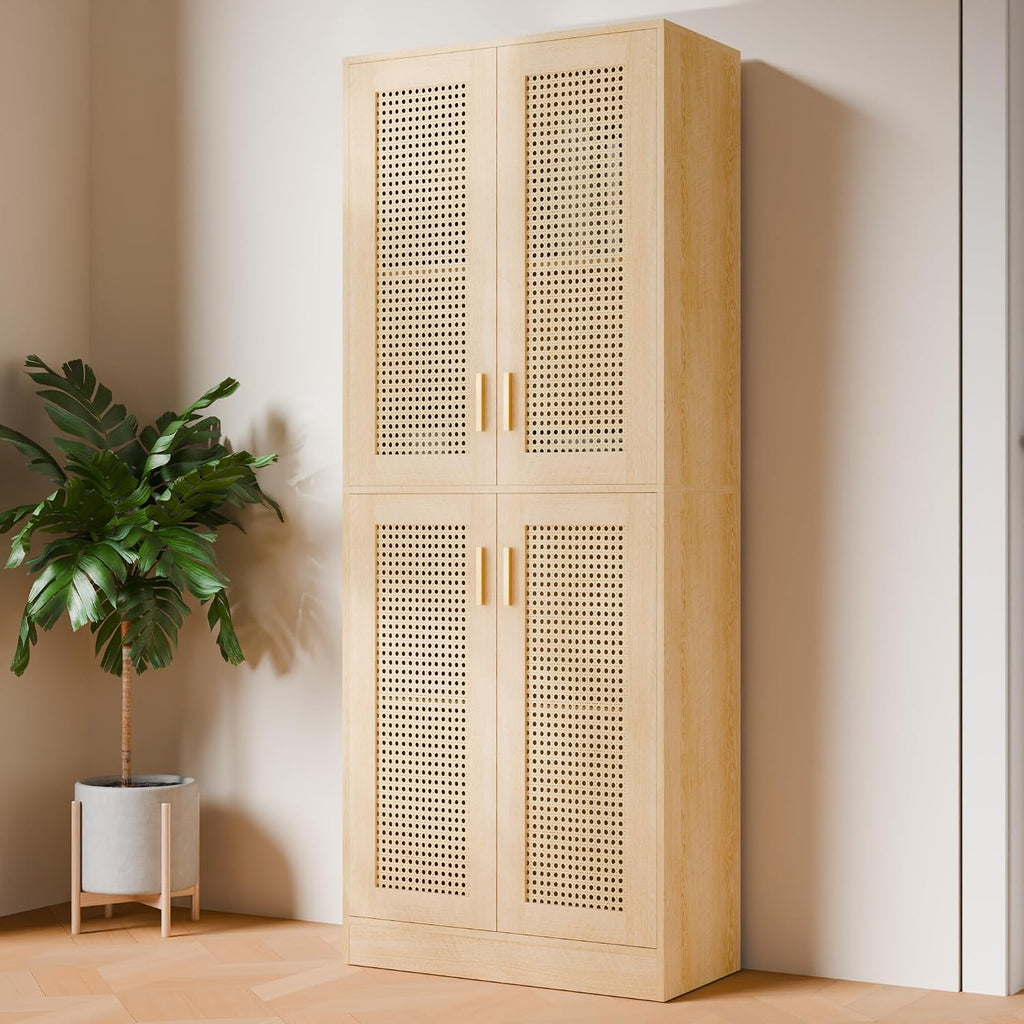 Cozy Castle Kitchen Pantry Cabinet, 71" Tall Rattan Doors Storage Cabinet and Adjustable Shelves, Modern Farmhouse Wood Cupboard Utility Hutch for Kitchen, Dining Room, Living Room (Oak)