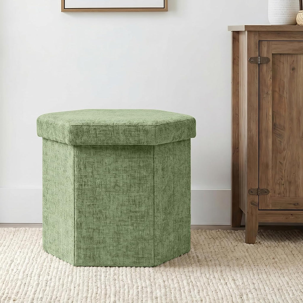 Hexagon Storage Ottoman, Foldable Chenille FootRest with Hidden Storage, Small Ottoman Footstool for Living Room, Bedroom, Dorm, Entryway, 15 x 16.9 x 15 Inches, Green