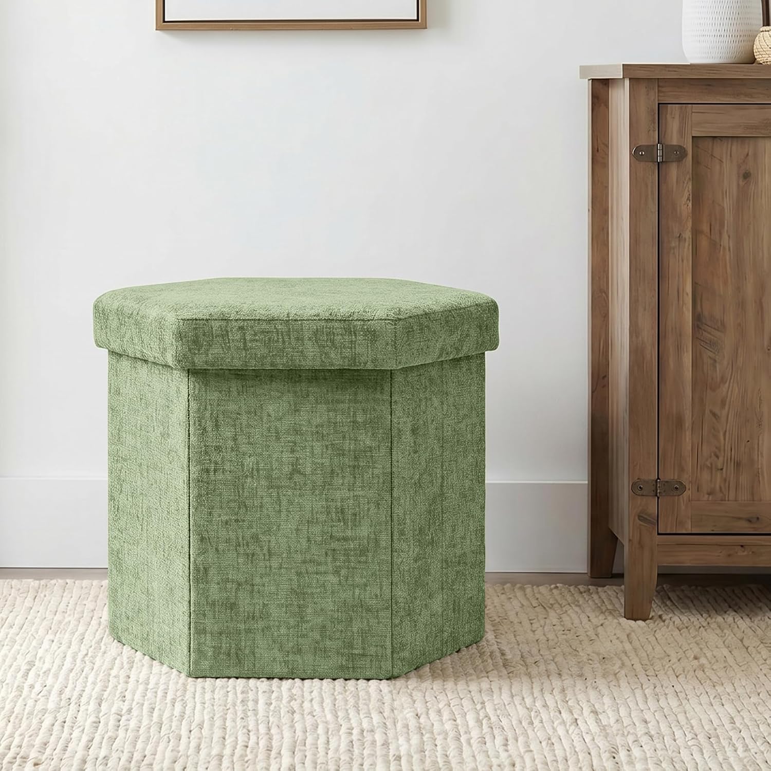 Hexagon Storage Ottoman, Foldable Chenille FootRest with Hidden Storage, Small Ottoman Footstool for Living Room, Bedroom, Dorm, Entryway, 15 x 16.9 x 15 Inches, Green