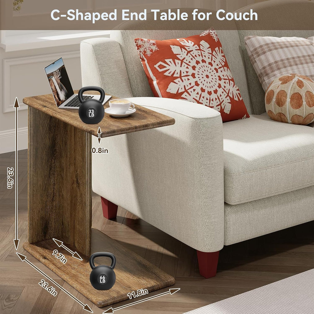 C-Shaped End Table for Couch, Small Side Table, Bedside Table for Sofa, Wooden Nightstand for Living Room Bedroom Laptop Work Desk, Easy Assembly, Rustic Brown, 23.6" D x 11.8" W x 23.6" H