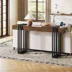 63" Long Console Table for Entryway - Behind Couch Table for Living Room, Wood Sofa Tables with Black Parallel Metal Frame & Power Outlet for Hallway, Entrance, Narrow Foyer, Walnut