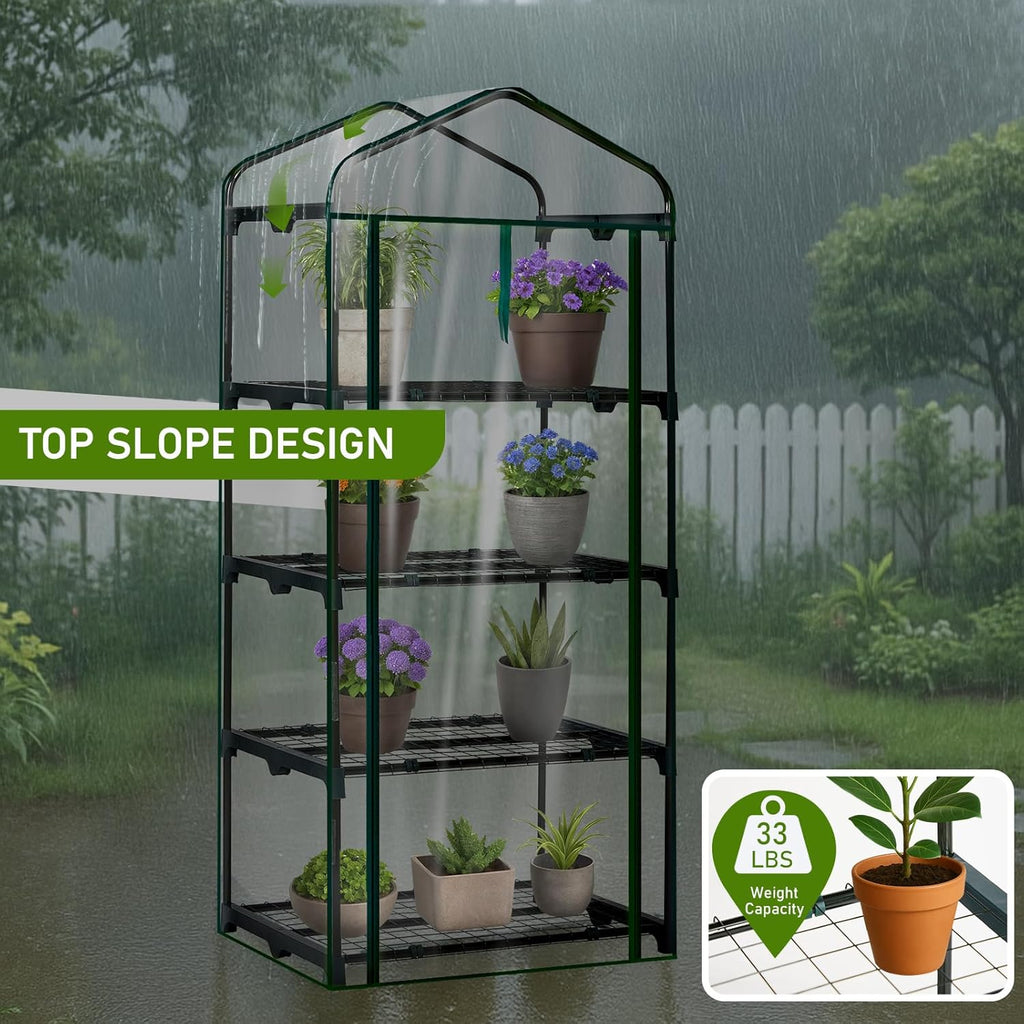 Outvita Mini Greenhouse, Small PVC Plant Green House with 4 Tiers Rack, Shelf Clips, Roll-up Zipper Door, Gardening Supplies for Indoor Outdoor Seedling Frost Protection, 27"x19.6"x63" Transparent