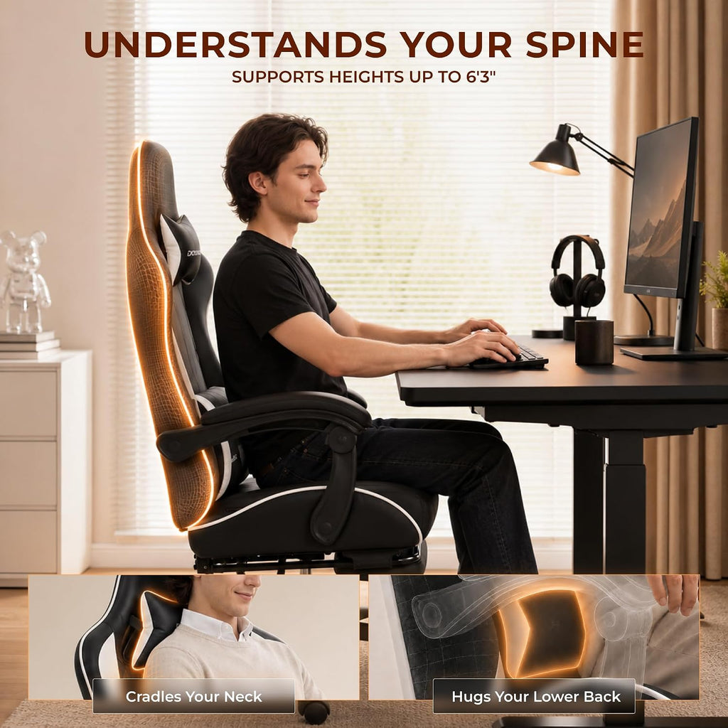 Dowinx Gaming Chair with Footrest, Ergonomic Office Chair, Black White | PU leather over high-density foam with lumbar support; steel frame holds 300 lbs; built for WFH, study, and napping
