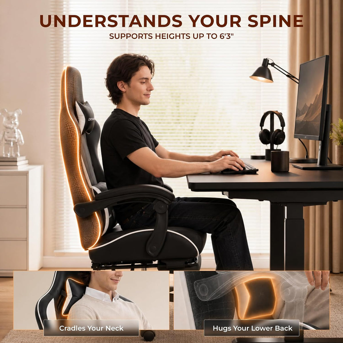 Dowinx Gaming Chair with Footrest, Ergonomic Office Chair, Black White | PU leather over high-density foam with lumbar support; steel frame holds 300 lbs; built for WFH, study, and napping