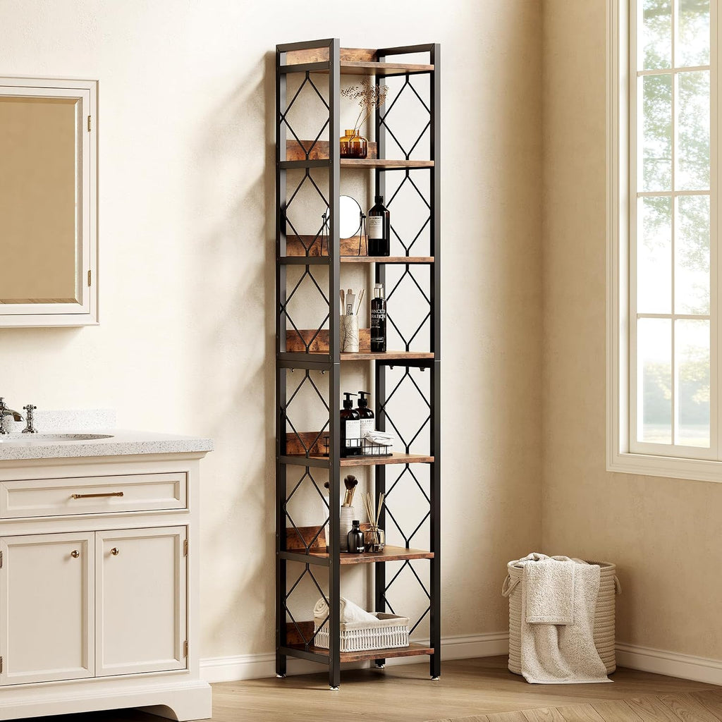 LITTLE TREE Corner Book Shelf, 78.7" Tall Narrow Bookcase, 7-Tier Skinny Wooden Display Shelves with Sturdy Metal Frame for Living Room, Modern Slim Standing Bookshelves for Office Shelf, Small Spaces