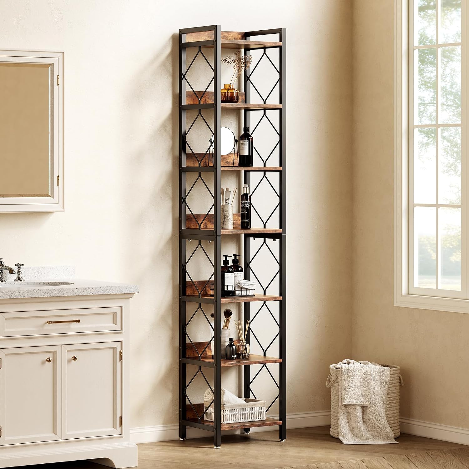 LITTLE TREE Corner Book Shelf, 78.7" Tall Narrow Bookcase, 7-Tier Skinny Wooden Display Shelves with Sturdy Metal Frame for Living Room, Modern Slim Standing Bookshelves for Office Shelf, Small Spaces