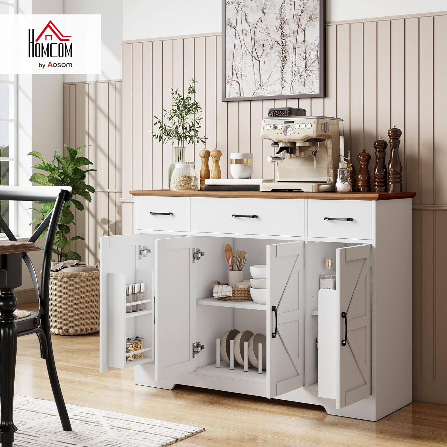HOMCOM 47" Sideboard Buffet Cabinet, Farmhouse Credenza with Soft-Close Hinges, Coffee Bar Cabinet with Spice Racks, 3 Drawers and 3 Adjustable Shelves, White
