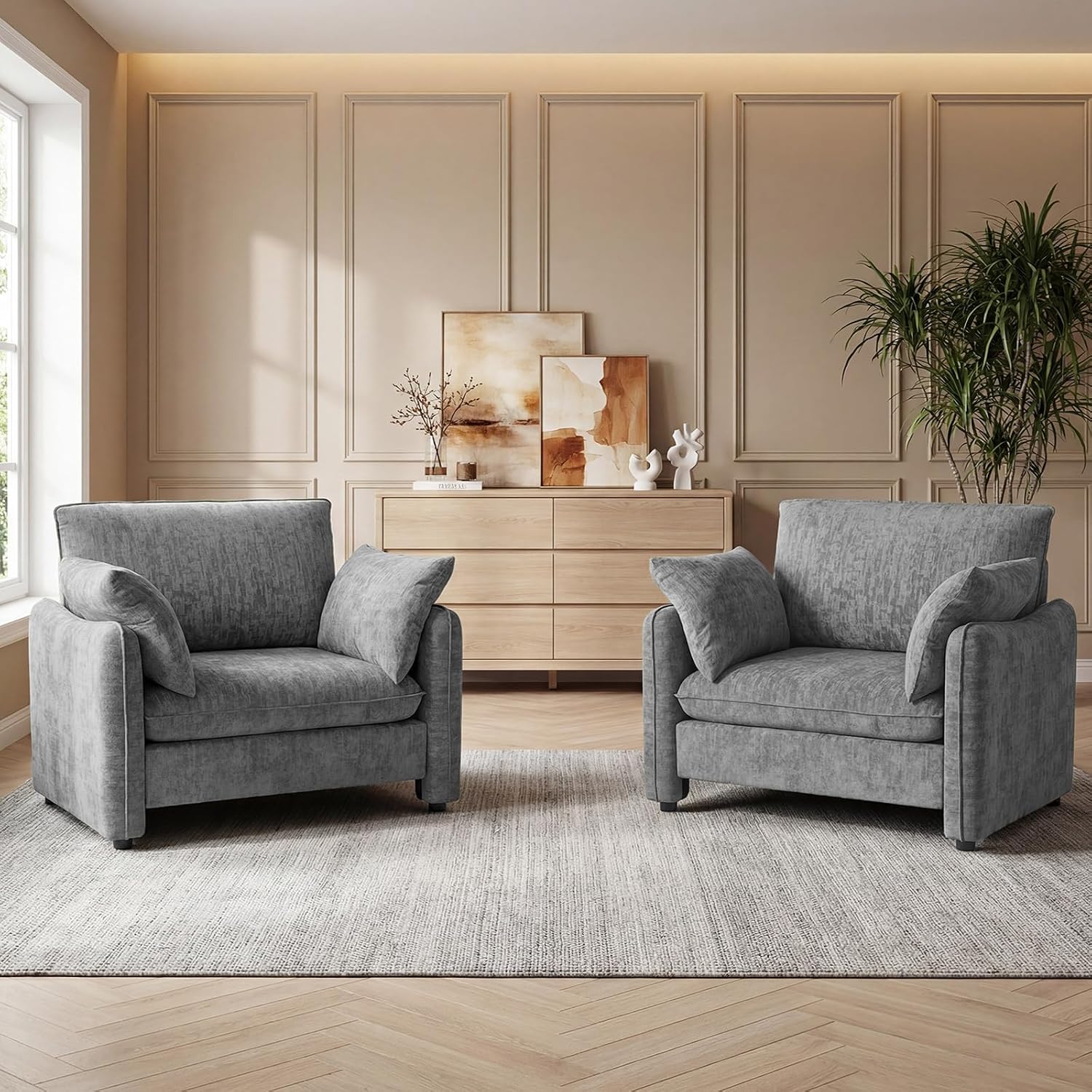Elegant Oversized Accent Chair for Living Room, 42.1", Chenille, Gray | Modern Upholstered Piping Single Reading Armchair with Cushion Backrest and 2 Pillows for Bedroom, Office, Reception Area