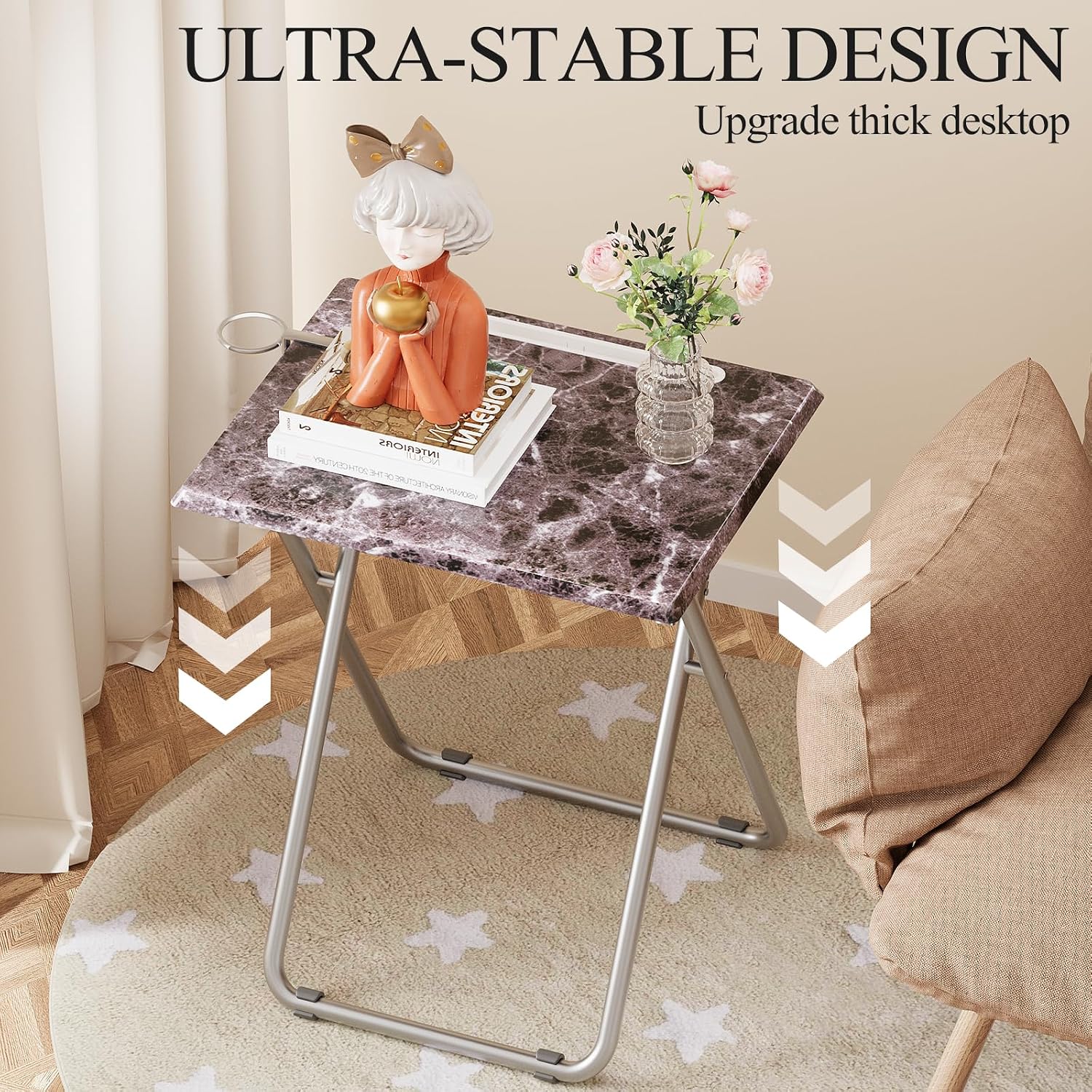 Folding TV Tray Table with Cup Holder, TV Dinner Table with Sturdy MDF Top, Eating Trays with Tablet Slot for Living Room, Bedroom, Sofa, 15 x 18.9 x 25.6 in (Black Marble, 2Pcs)