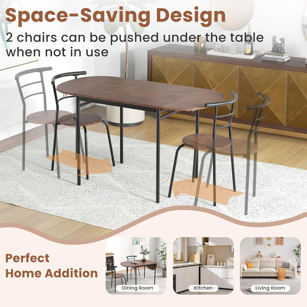 Giantex 3-Piece Dining Table Set for 2, 55-inches Drop Leaf Kitchen Table with Dining Chairs, Metal Frame, Space-Saving Breakfast Nook Set for Small Space, Dinner, Dinette, Apartment, Dorm Room