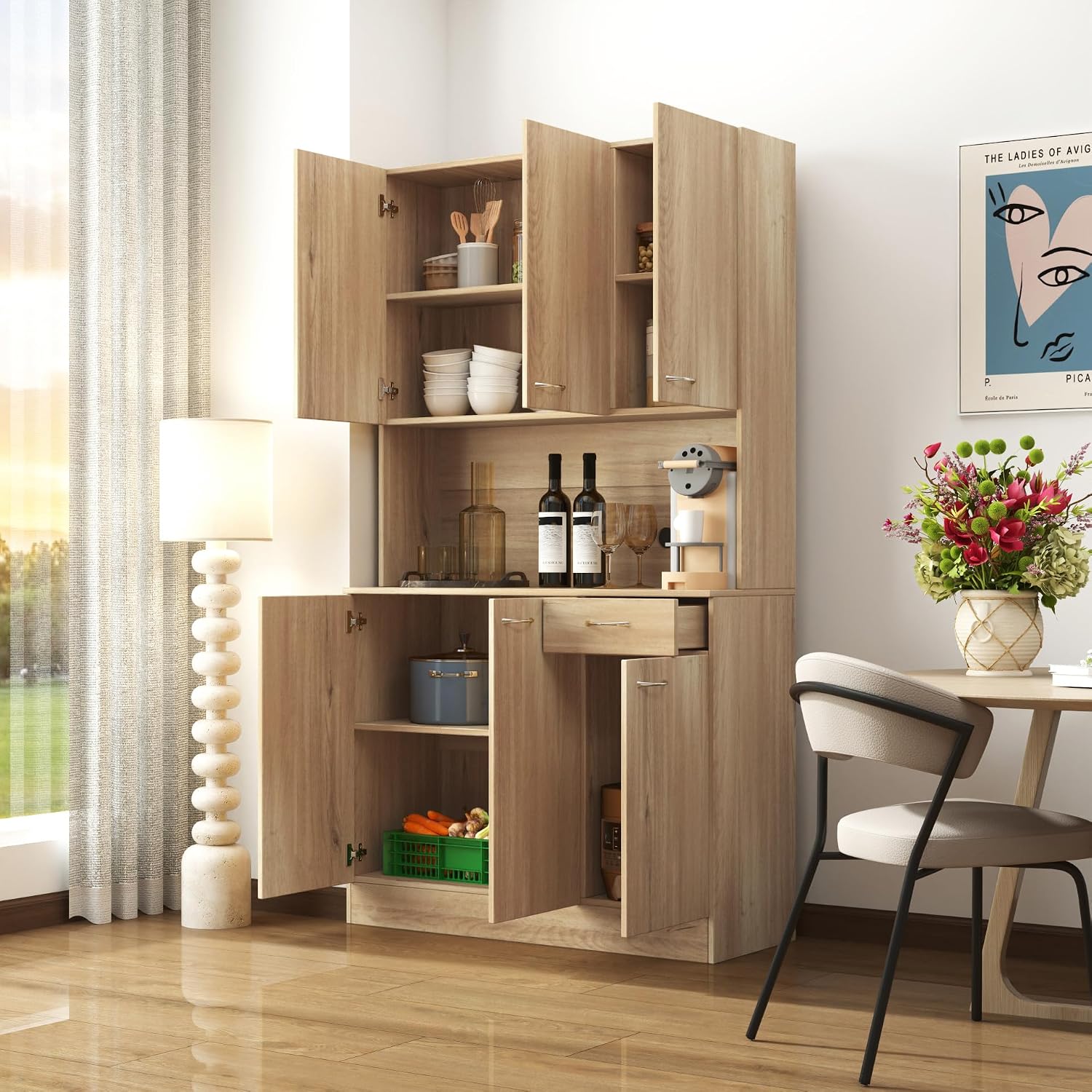 71" Tall Kitchen Pantry Cabinet,Sideboard Buffet Cabinet with 6 Doors and Shelves,Kitchen Island with Microwave Stand,Kitchen Hutch Storage Cabinet with 1 Drawer for Kitchen,Kitchen Cabinet (Oak)
