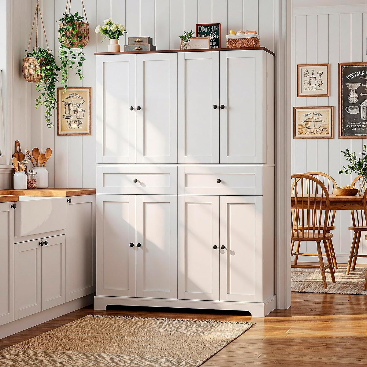 HUAHUU 71" Kitchen Pantry Cabinet with 6 Door Shelves, Tall Pantry Storage Cabinet with 8 Doors & 4 Adjustable Shelves, Modern Kitchen Pantry with 2 Large Drawers for Dining Room, Living Room, White