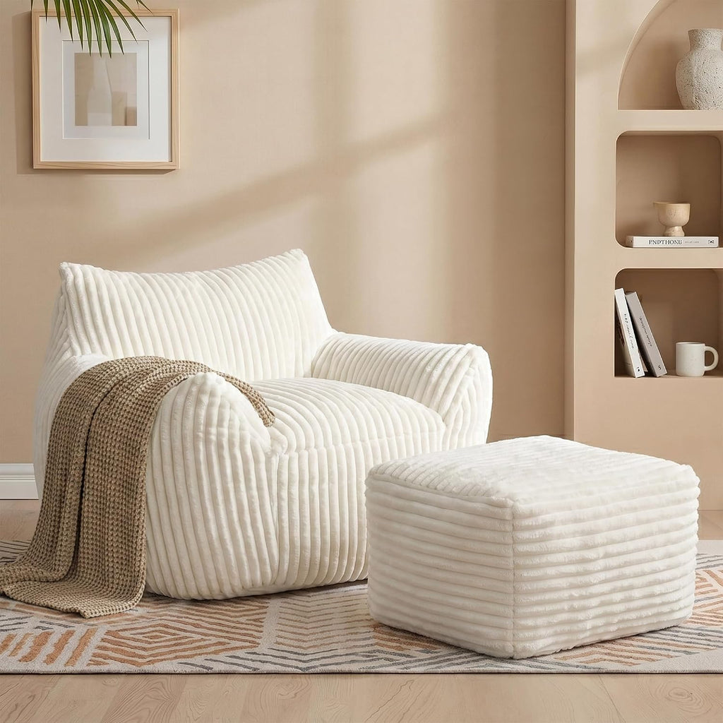 Giant Bean Bag Chair for Adults, Large Bean Bag with Ottoman | Cloud Comfy Bean Bag with Backrest & Armrests, Stuffed Beanbag Chair for Reading, Gaming, Napping, Beige