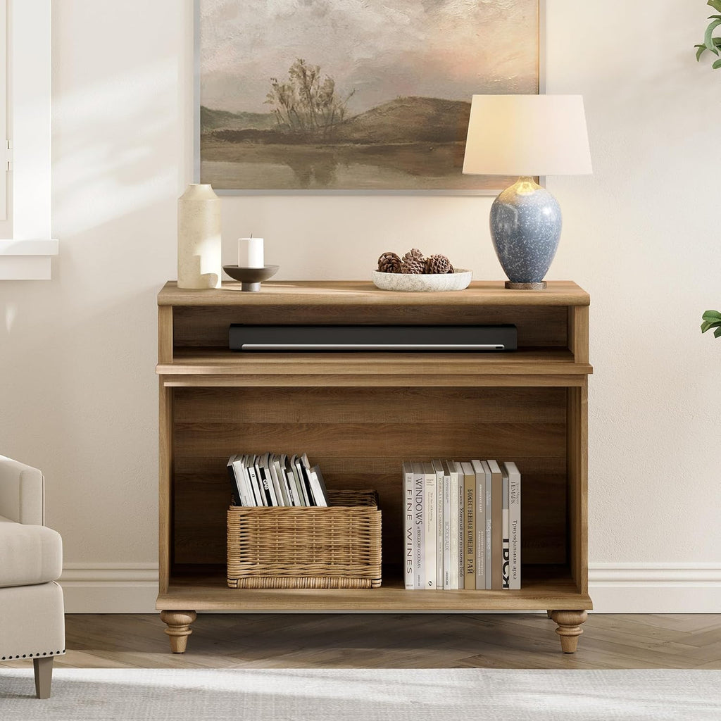 WAMPAT Tall Side Table, Large End Table with 2 Storages for Living Room, Farmhouse TV Stand with Storage Shelf, Oak, 37"
