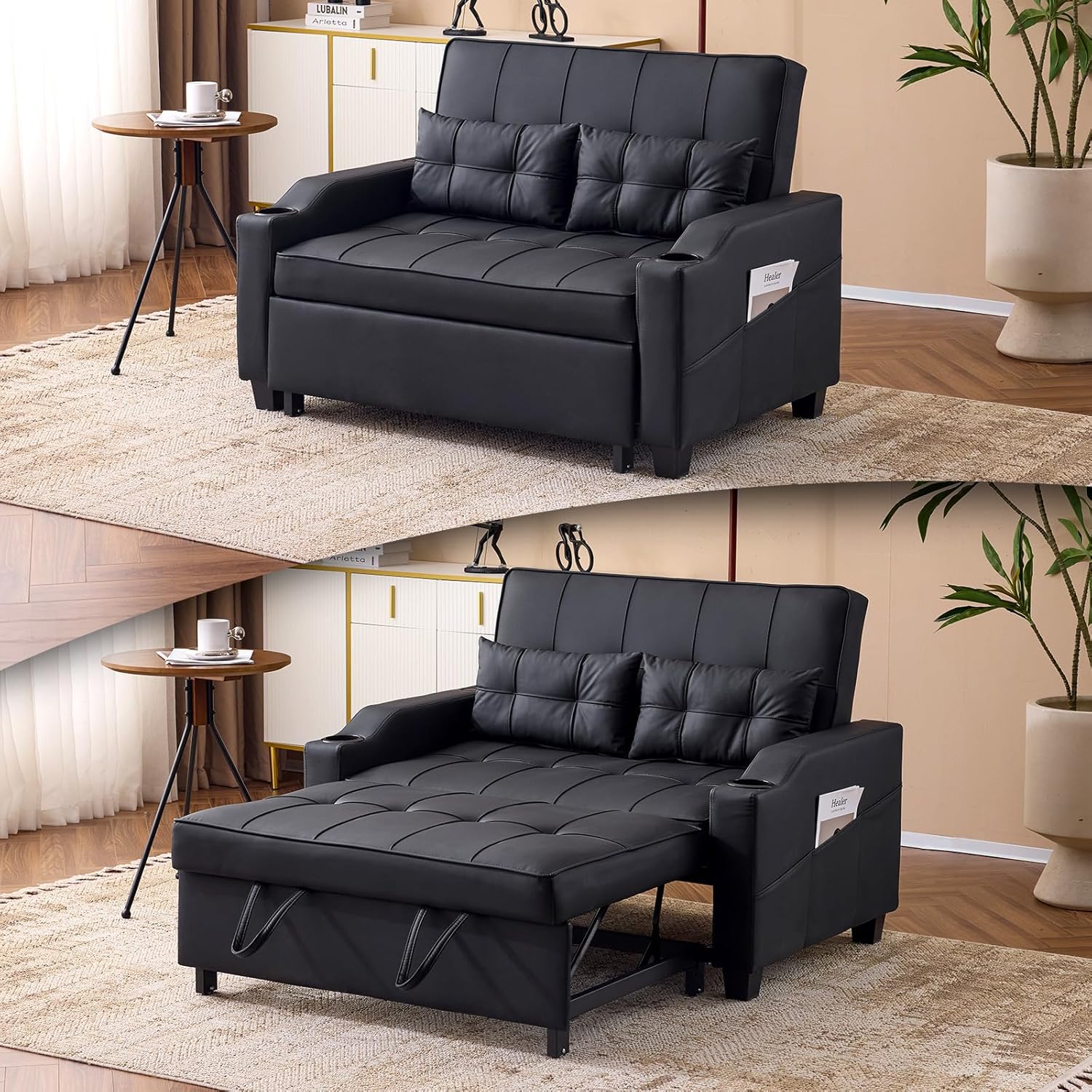 VINGLI Convertible Loveseat Sleeper Sofa Bed, Pullout Couch for Living Room | Black Futon Sofa Bed, Faux Leather Pull-Out Couch Bed with USB Ports, Cup Holders for Small Space, Apartment, Office