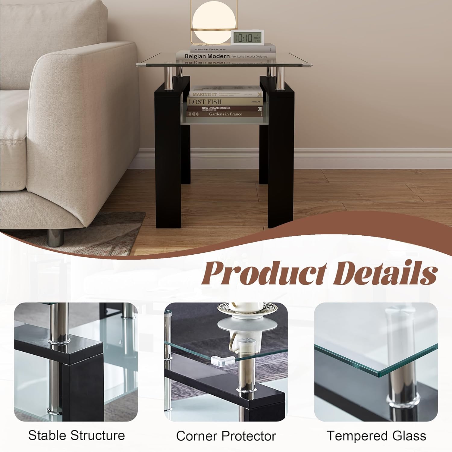 2-Tier End Table with Tempered Glass Top and MDF Frame, Modern Black Square Side Table with Storage Shelf for Living Room, Bedroom, Apartment, Easy to Assemble