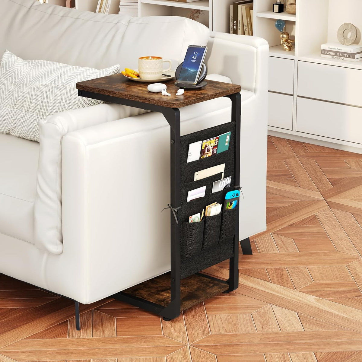 Wood Pedestal TV Trays for Eating on Couch Tables that Slide Under, Dinner Food Drink C Shaped End Sofa Side Table Stand, Small TV Tray Tables for Couches Over Recliner Chair Arm, Living Room ET-P-BR1