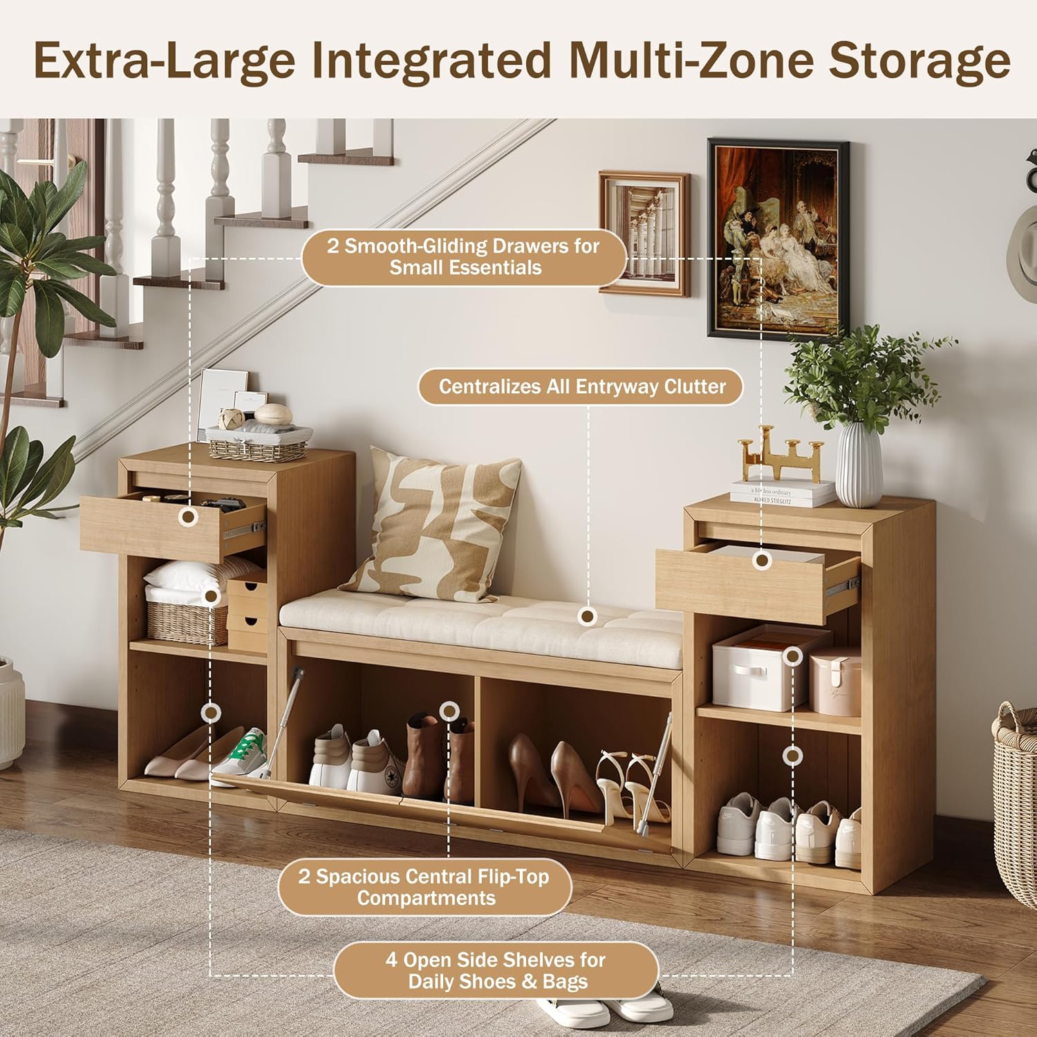 Entryway Bench with Shoe Storage, Solid Wood Shoe Bench with Cushion and Drawers, Open Shelves, Storage Bench for Entry Way, Living Room, Hallway, Natural Wood