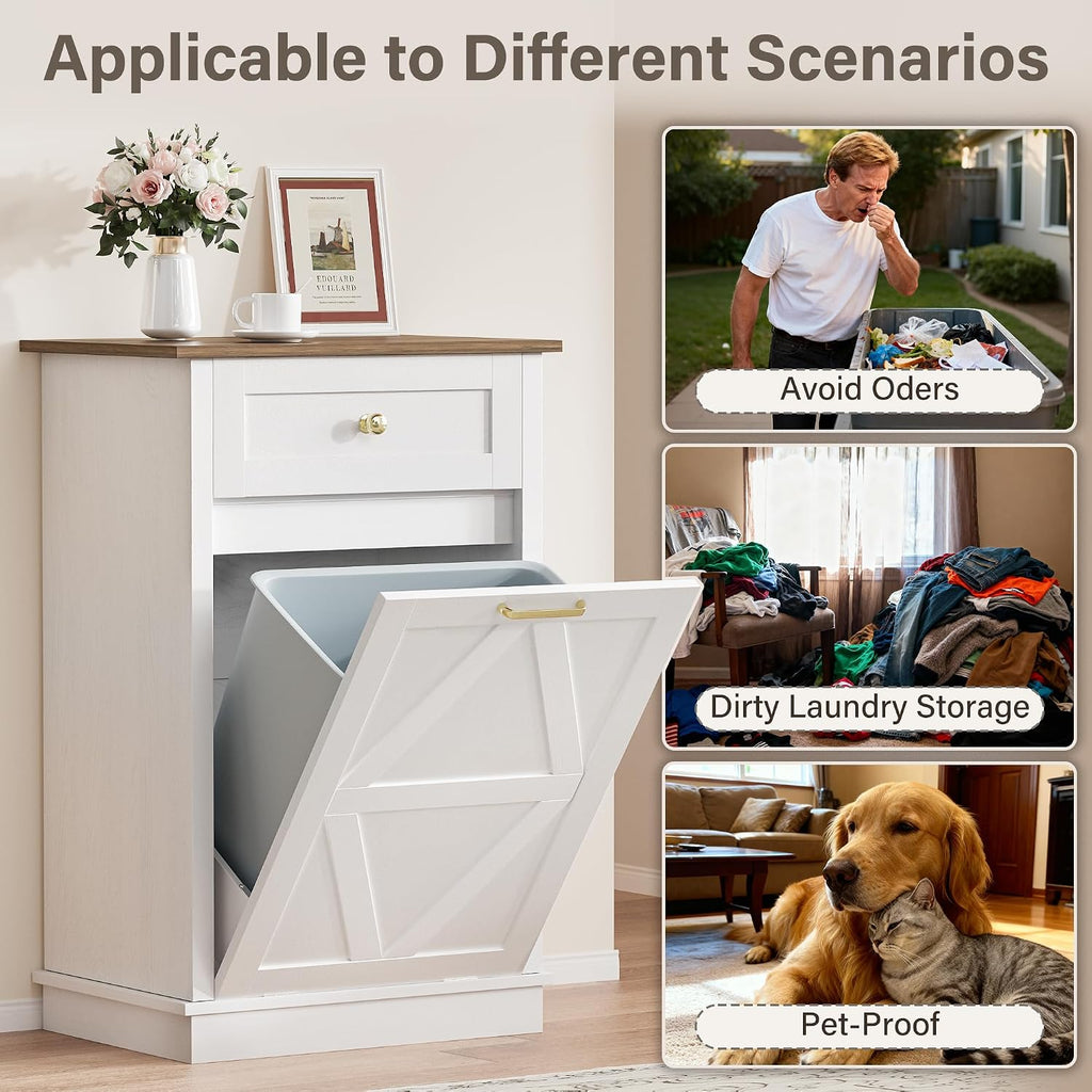 YESHOMY Tilt Out Trash Can Cabinet, 10 Gallon Garbge Can Cabinets, Wooden Hidden Laundry Hamper with Drawer, for Kitchen, Dining Room, Living Room (White)