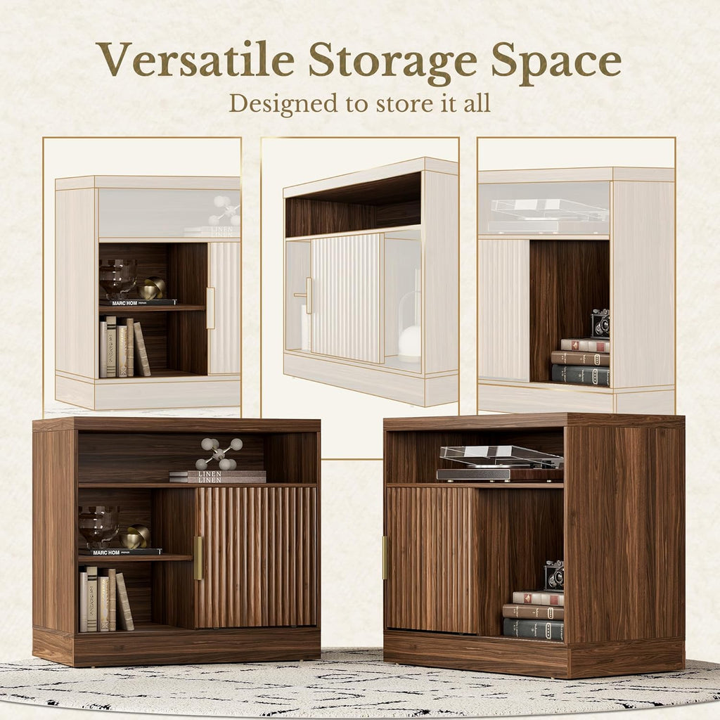 File Cabinet with Sliding Door, 32'' Fluted File Cabinet with Open Adjustable Shelves, Wood Filing Cabinet for Home Office, Black Walnut